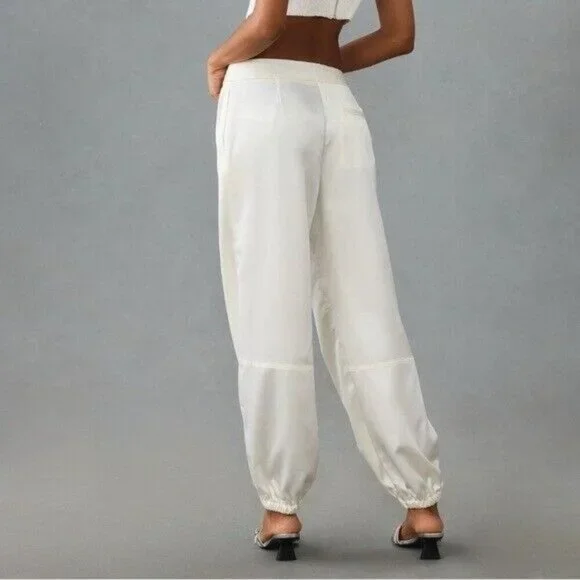 ANTHROPOLOGIE Maeve Satin Parachute Jogger Pants Ivory Size 16P NEW